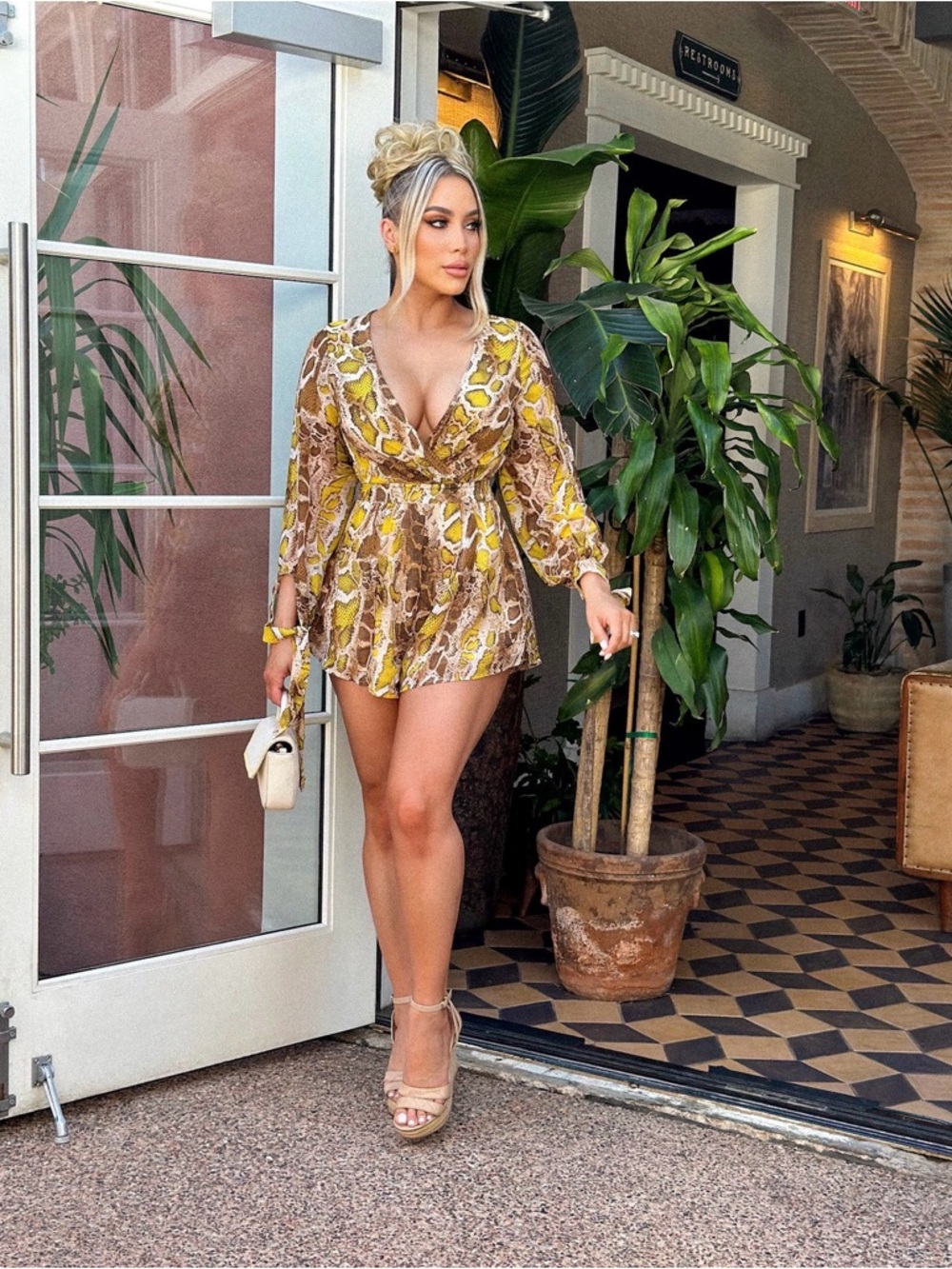 Yellow Snake Print Long Sleeve Mini Dress
